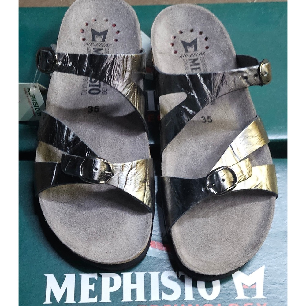 Mephisto Hannel Metallic Grey Leather Cork Footbed Sandals 7103 Size US 5 EU 35